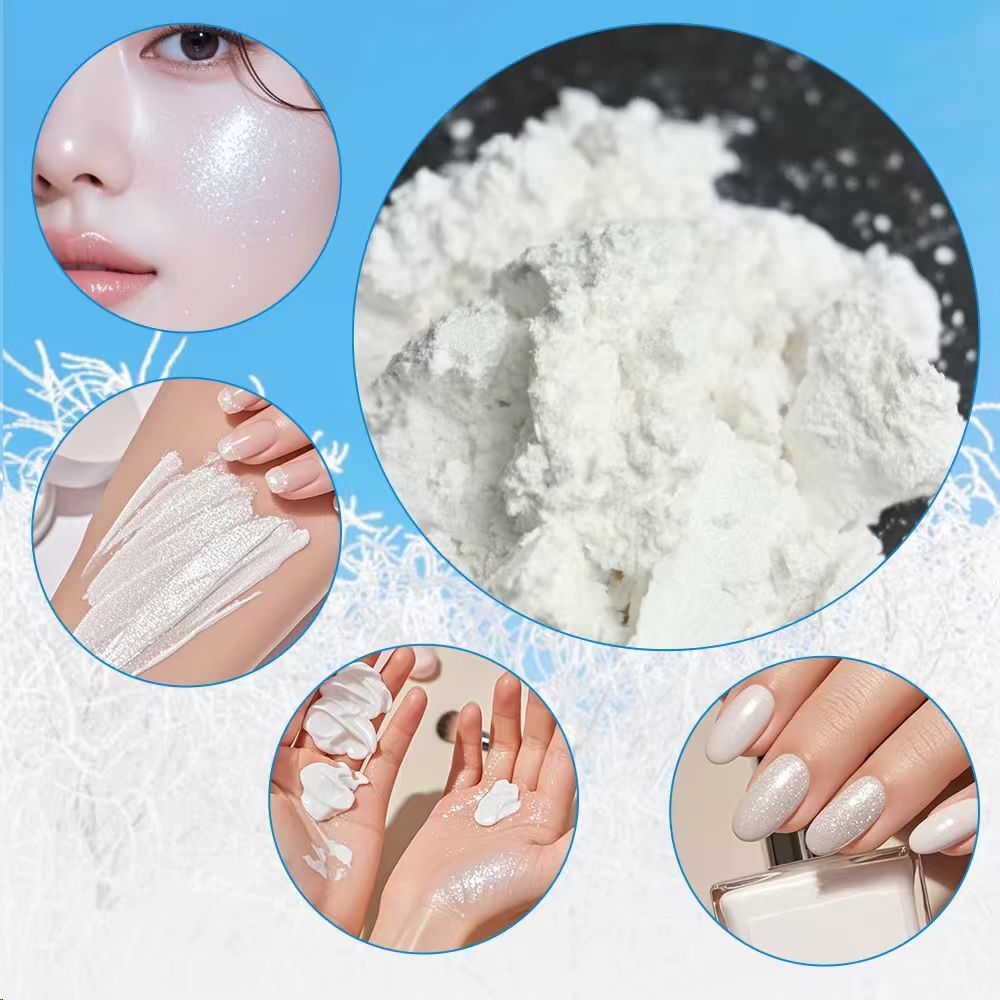 Cosmetic pearlescent powder, highlighted skin and nail application examples